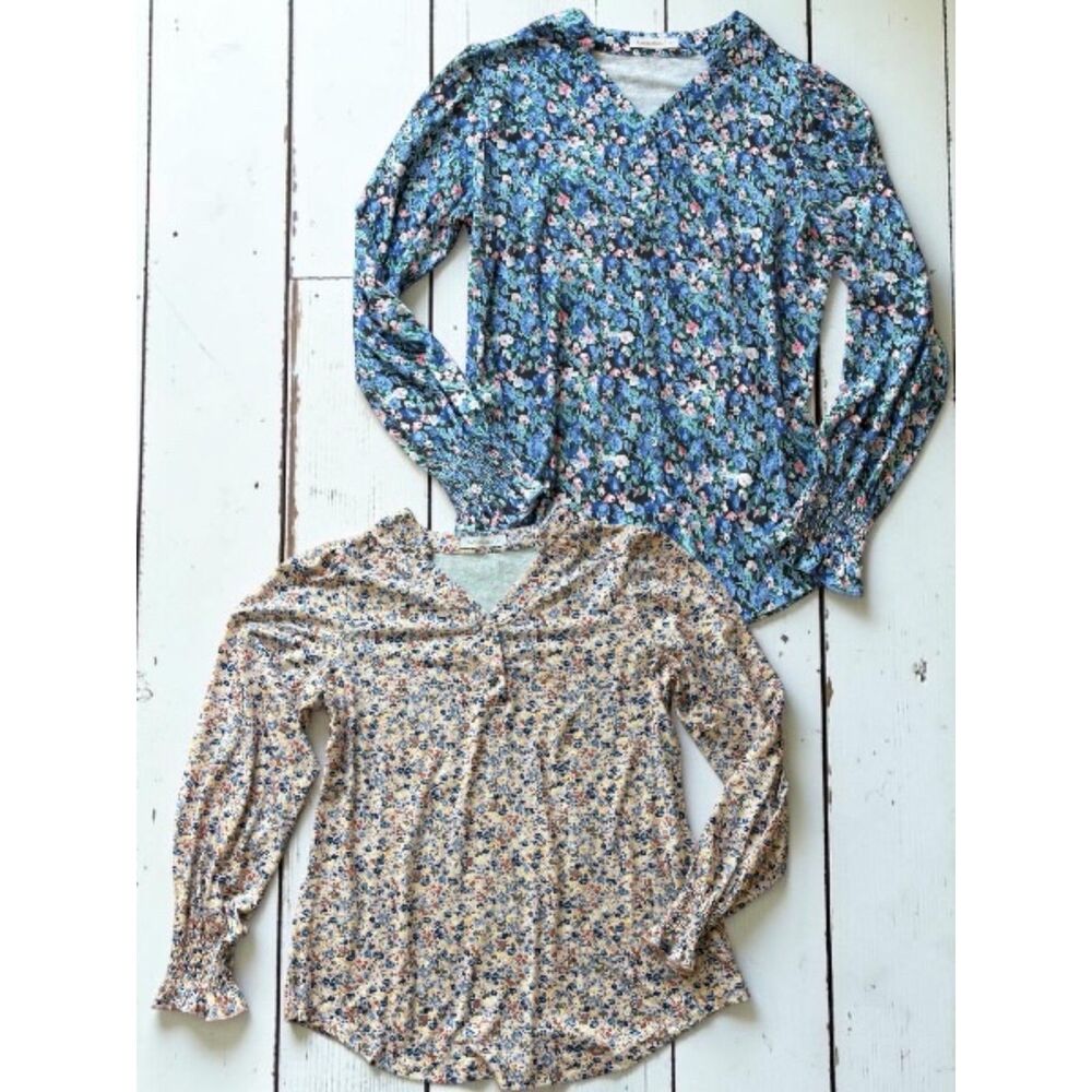 Fantaslook Floral Blouse Bundle Pink & Blue Jersey Knit Tops Medium